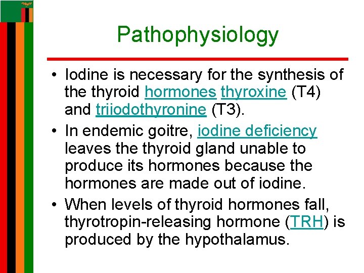 Pathophysiology • Iodine is necessary for the synthesis of the thyroid hormones thyroxine (T Pathophysiology • Iodine is necessary for the synthesis of the thyroid hormones thyroxine (T