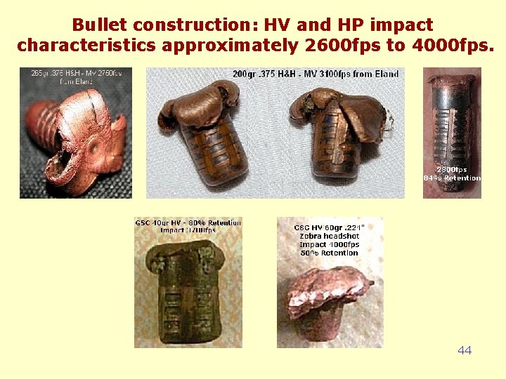 Bullet construction: HV and HP impact characteristics approximately 2600 fps to 4000 fps. 44