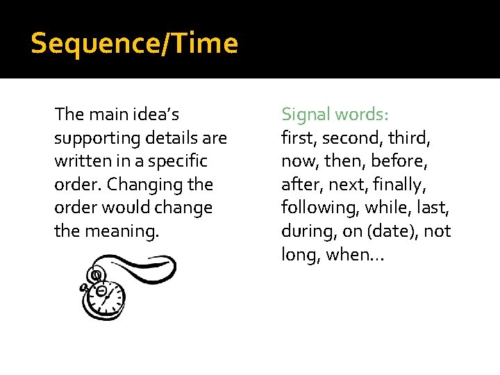 Sequence/Time The main idea’s supporting details are written in a specific order. Changing the Sequence/Time The main idea’s supporting details are written in a specific order. Changing the