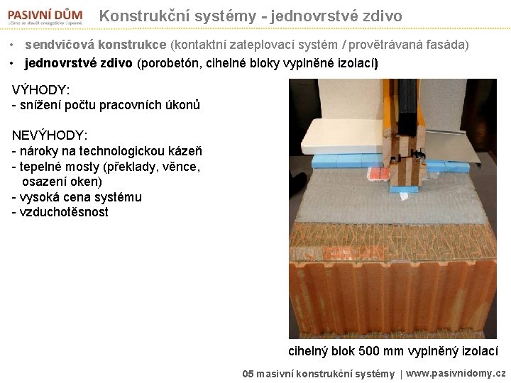 Konstrukční systémy - jednovrstvé zdivo • sendvičová konstrukce (kontaktní zateplovací systém / provětrávaná fasáda)