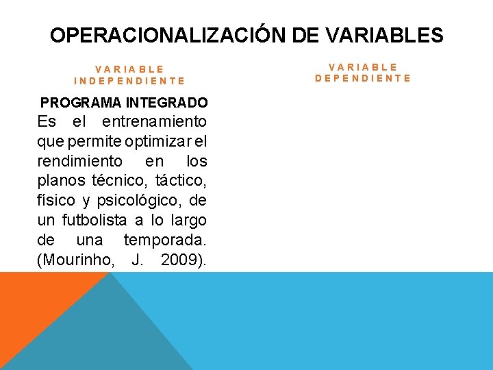 OPERACIONALIZACIÓN DE VARIABLES VARIABLE INDEPENDIENTE PROGRAMA INTEGRADO Es el entrenamiento que permite optimizar el