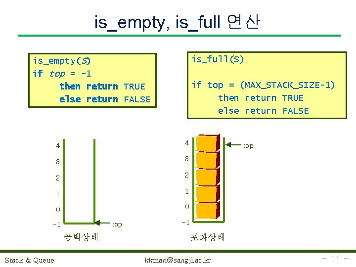 is_empty, is_full 연산 is_full(S) is_empty(S) if top = -1 then return TRUE else return