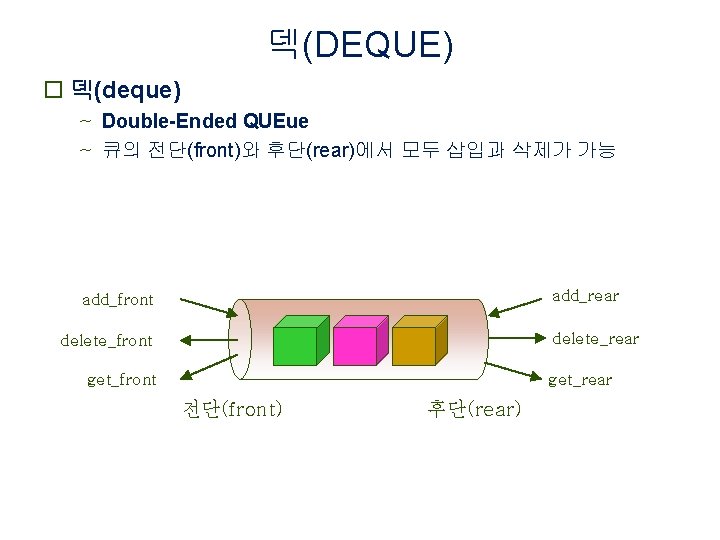 덱(DEQUE) o 덱(deque) ~ Double-Ended QUEue ~ 큐의 전단(front)와 후단(rear)에서 모두 삽입과 삭제가 가능