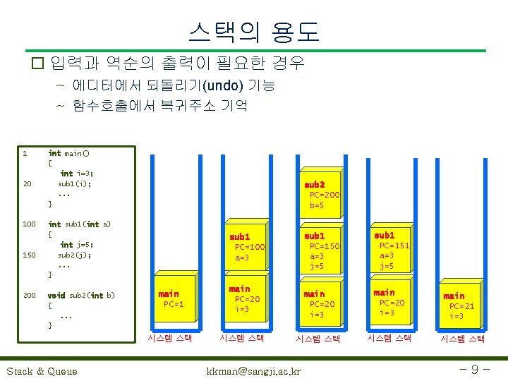 스택의 용도 o 입력과 역순의 출력이 필요한 경우 ~ 에디터에서 되돌리기(undo) 기능 ~ 함수호출에서