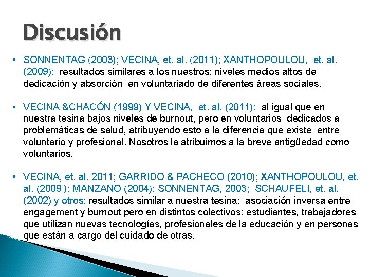 Discusión • SONNENTAG (2003); VECINA, et. al. (2011); XANTHOPOULOU, et. al. (2009): resultados similares