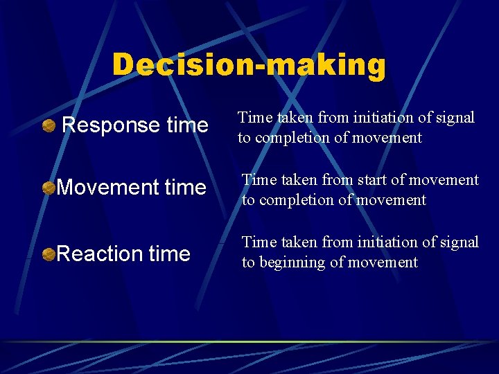 Decision-making Response time Time taken from initiation of signal to completion of movement Movement Decision-making Response time Time taken from initiation of signal to completion of movement Movement