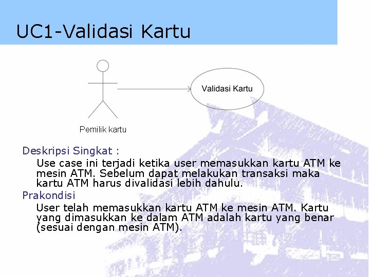 UC 1 -Validasi Kartu Pemilik kartu Deskripsi Singkat : Use case ini terjadi ketika