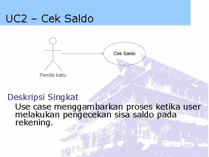 UC 2 – Cek Saldo Pemilik kartu Deskripsi Singkat Use case menggambarkan proses ketika
