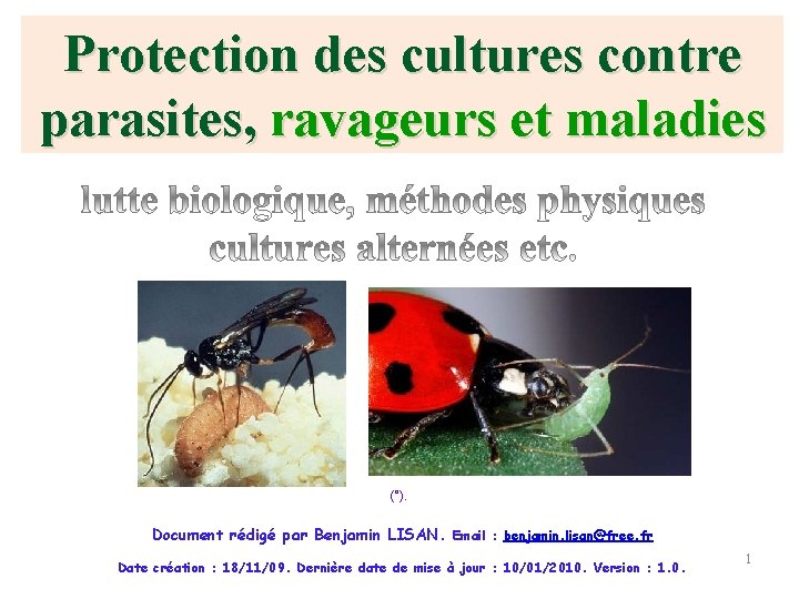 Protection des cultures contre parasites, ravageurs et maladies (°). Document rédigé par Benjamin LISAN.