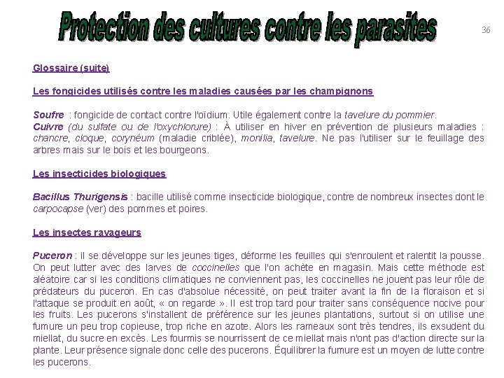 36 Glossaire (suite) Les fongicides utilisés contre les maladies causées par les champignons Soufre