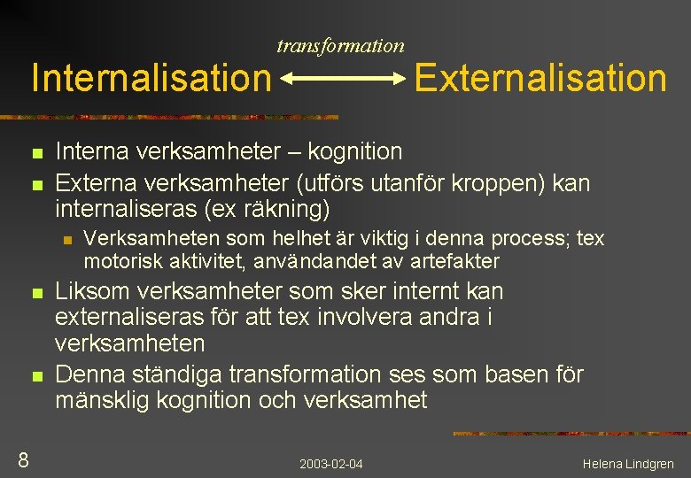 Internalisation n 8 Externalisation Interna verksamheter – kognition Externa verksamheter (utförs utanför kroppen) kan
