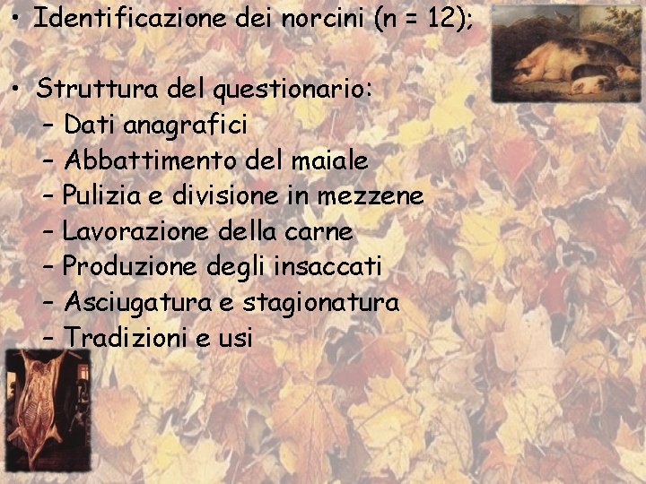  • Identificazione dei norcini (n = 12); • Struttura del questionario: – Dati