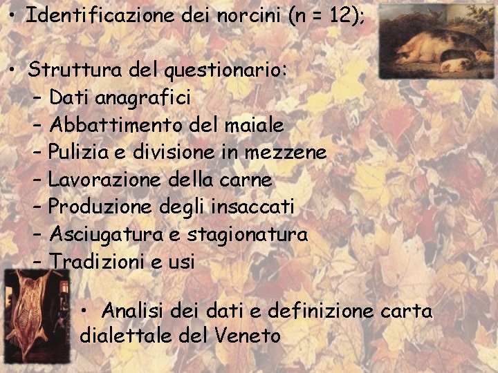  • Identificazione dei norcini (n = 12); • Struttura del questionario: – Dati