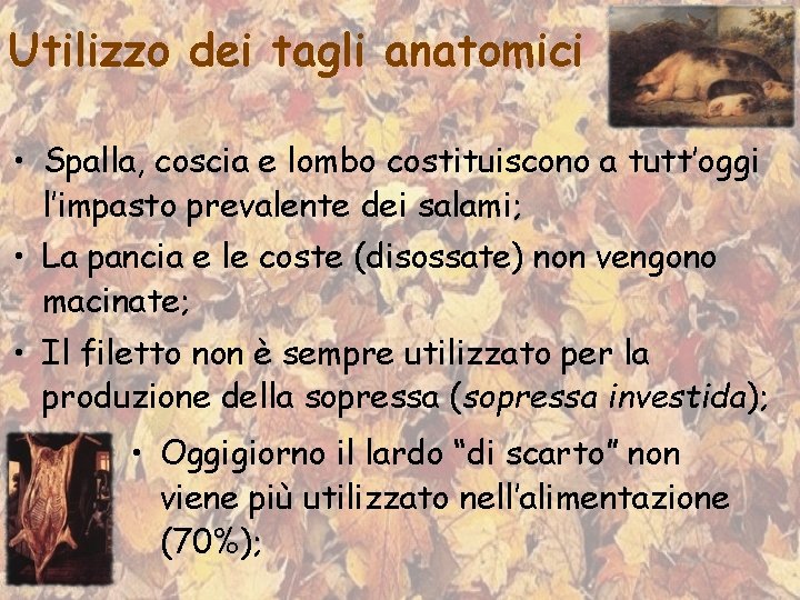 Utilizzo dei tagli anatomici • Spalla, coscia e lombo costituiscono a tutt’oggi l’impasto prevalente