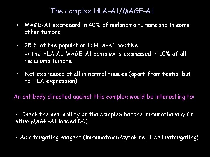 The complex HLA-A 1/MAGE-A 1 • MAGE-A 1 expressed in 40% of melanoma tumors