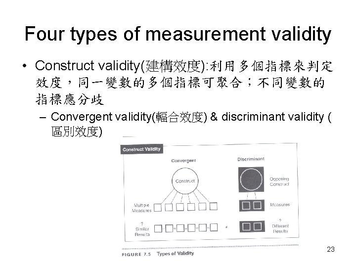 Four types of measurement validity • Construct validity(建構效度): 利用多個指標來判定 效度，同一變數的多個指標可聚合；不同變數的 指標應分歧 – Convergent validity(輻合效度)