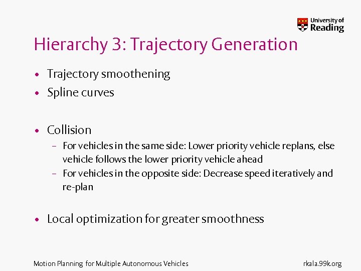 Hierarchy 3: Trajectory Generation • Trajectory smoothening • Spline curves • Collision – For