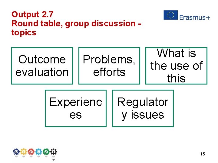 Output 2. 7 Round table, group discussion topics Outcome evaluation Problems, efforts Experienc es