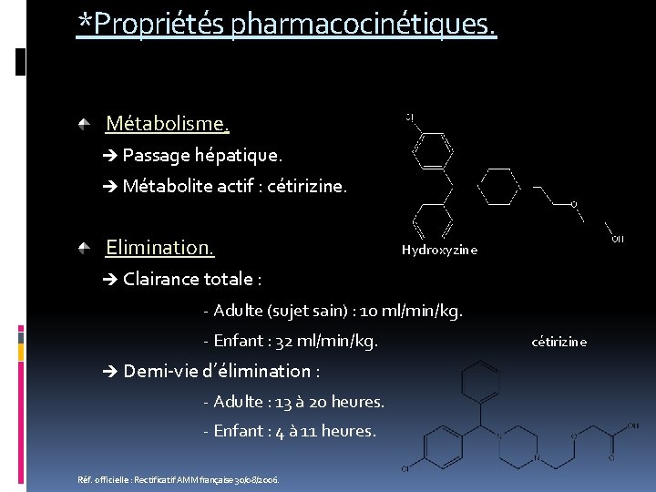 *Propriétés pharmacocinétiques. Métabolisme. Passage hépatique. Métabolite actif : cétirizine. Elimination. Hydroxyzine Clairance totale :