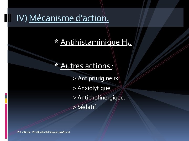 IV) Mécanisme d’action. * Antihistaminique H 1. * Autres actions : > Antiprurigineux. >