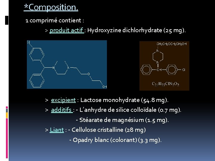 *Composition. 1 comprimé contient : > produit actif : Hydroxyzine dichlorhydrate (25 mg). >