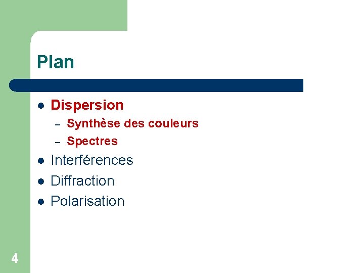 Plan l Dispersion – – l l l 4 Synthèse des couleurs Spectres Interférences