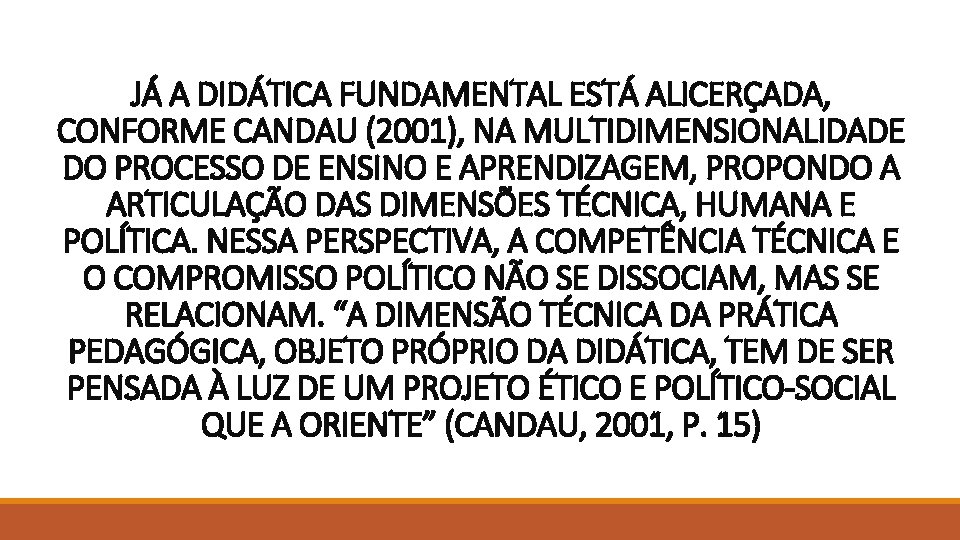 JÁ A DIDÁTICA FUNDAMENTAL ESTÁ ALICERÇADA, CONFORME CANDAU (2001), NA MULTIDIMENSIONALIDADE DO PROCESSO DE JÁ A DIDÁTICA FUNDAMENTAL ESTÁ ALICERÇADA, CONFORME CANDAU (2001), NA MULTIDIMENSIONALIDADE DO PROCESSO DE