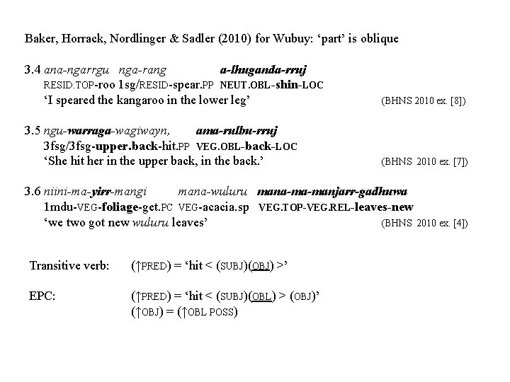 Baker, Horrack, Nordlinger & Sadler (2010) for Wubuy: ‘part’ is oblique 3. 4 ana-ngarrgu Baker, Horrack, Nordlinger & Sadler (2010) for Wubuy: ‘part’ is oblique 3. 4 ana-ngarrgu