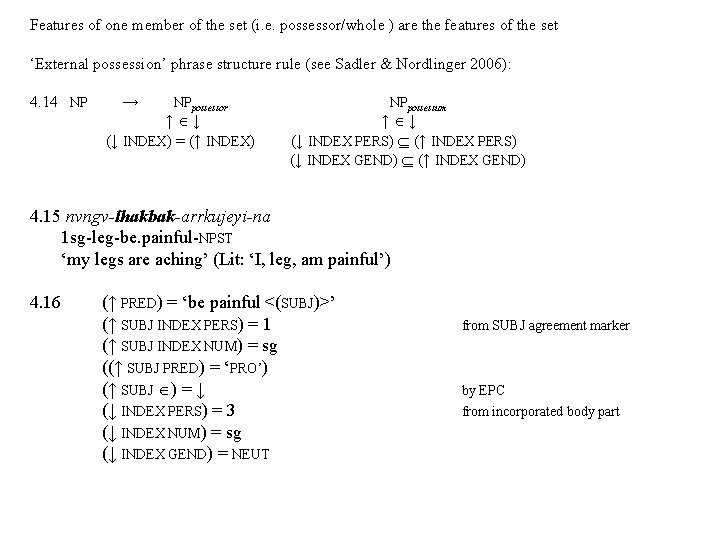 Features of one member of the set (i. e. possessor/whole ) are the features Features of one member of the set (i. e. possessor/whole ) are the features