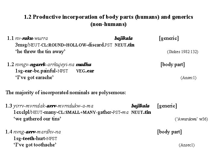 1. 2 Productive incorporation of body parts (humans) and generics (non-humans) 1. 1 nv-raku-wurra 1. 2 Productive incorporation of body parts (humans) and generics (non-humans) 1. 1 nv-raku-wurra