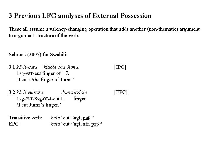 3 Previous LFG analyses of External Possession These all assume a valency-changing operation that 3 Previous LFG analyses of External Possession These all assume a valency-changing operation that
