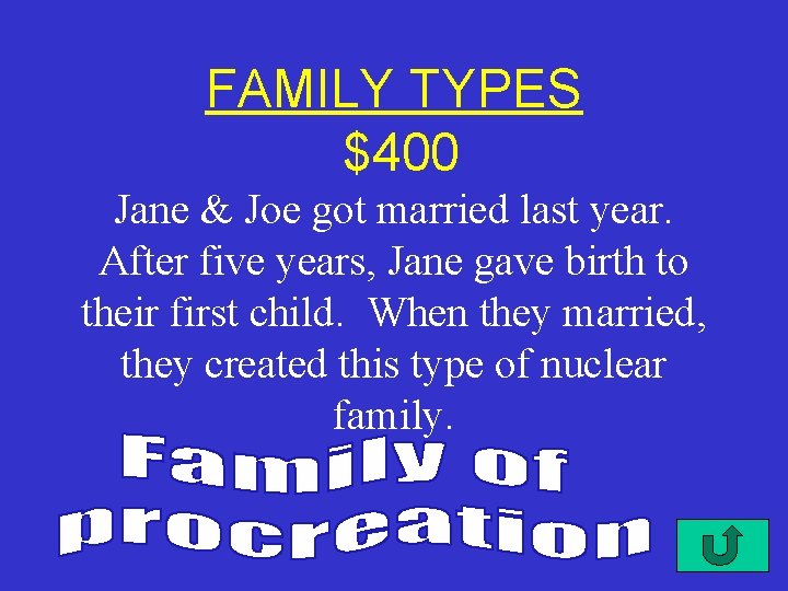 FAMILY TYPES $400 Jane & Joe got married last year. After five years, Jane
