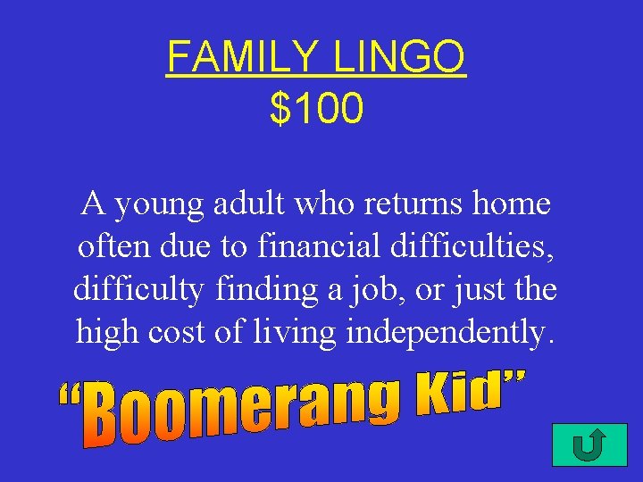 FAMILY LINGO $100 A young adult who returns home often due to financial difficulties,