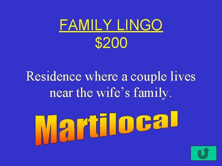 FAMILY LINGO $200 Residence where a couple lives near the wife’s family. 