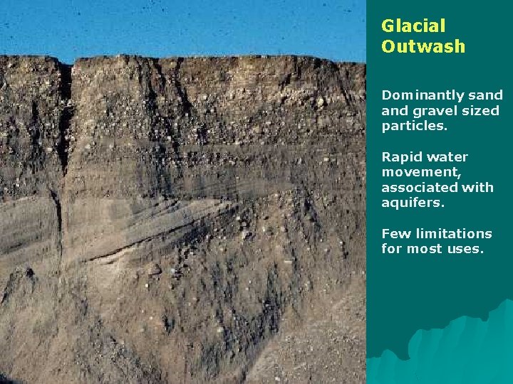 Glacial Outwash Dominantly sand gravel sized particles. Rapid water movement, associated with aquifers. Few