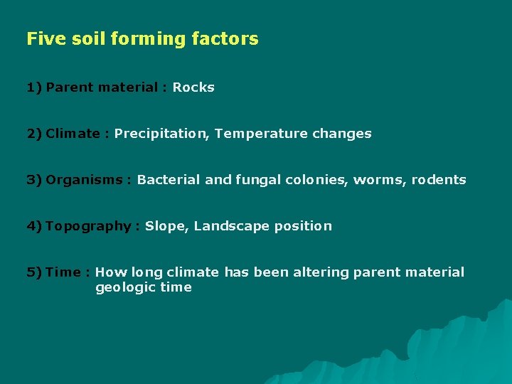 Five soil forming factors 1) Parent material : Rocks 2) Climate : Precipitation, Temperature