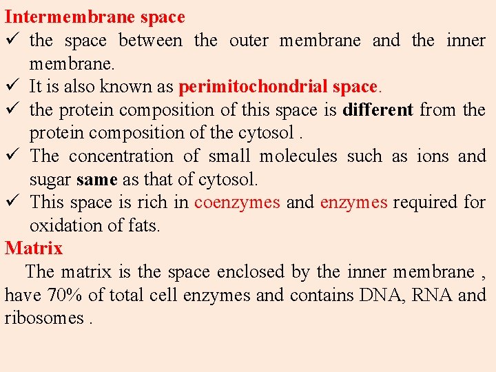 Intermembrane space ü the space between the outer membrane and the inner membrane. ü Intermembrane space ü the space between the outer membrane and the inner membrane. ü