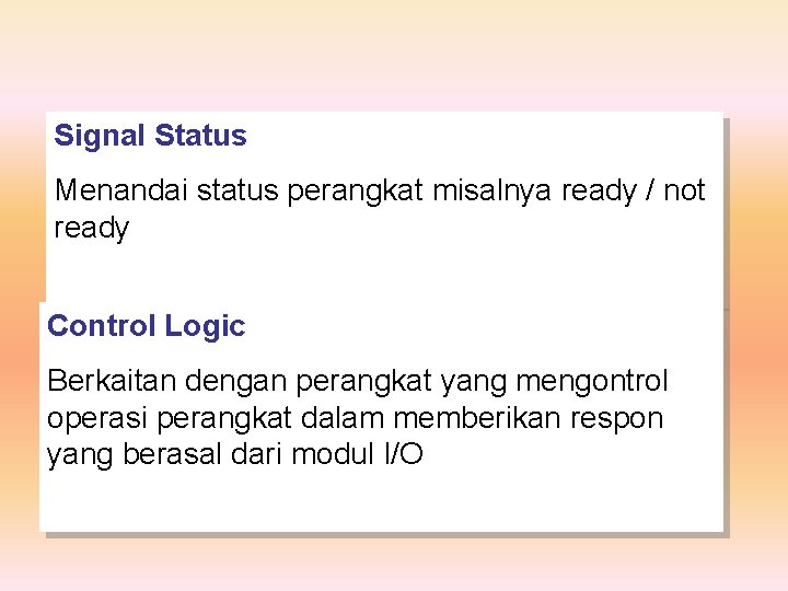 Signal Status Menandai status perangkat misalnya ready / not ready Control Logic Berkaitan dengan