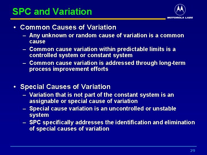 SPC and Variation • Common Causes of Variation – Any unknown or random cause