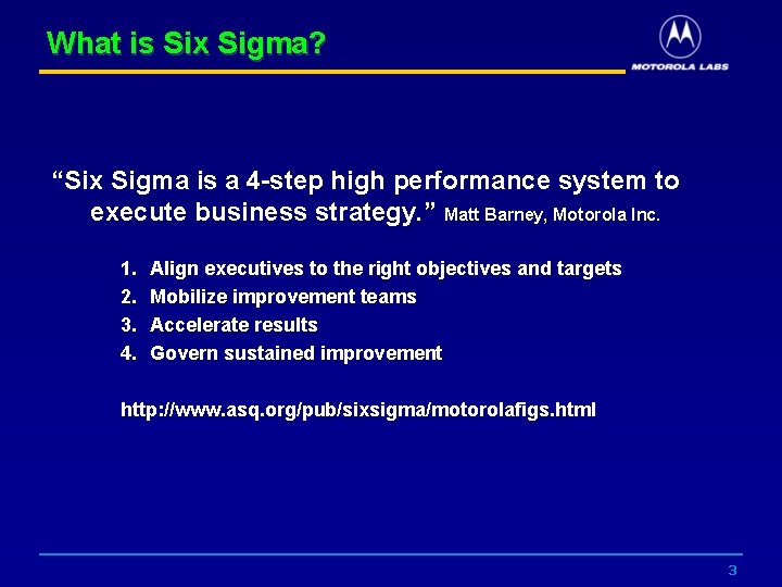 What is Six Sigma? “Six Sigma is a 4 -step high performance system to