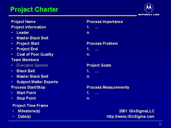 Project Charter Project Name Project Information • Leader • Master Black Belt • Project