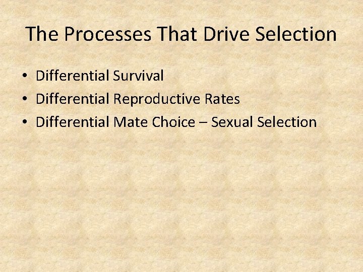 The Processes That Drive Selection • Differential Survival • Differential Reproductive Rates • Differential