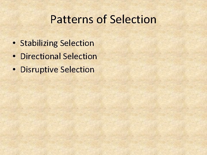 Patterns of Selection • Stabilizing Selection • Directional Selection • Disruptive Selection 