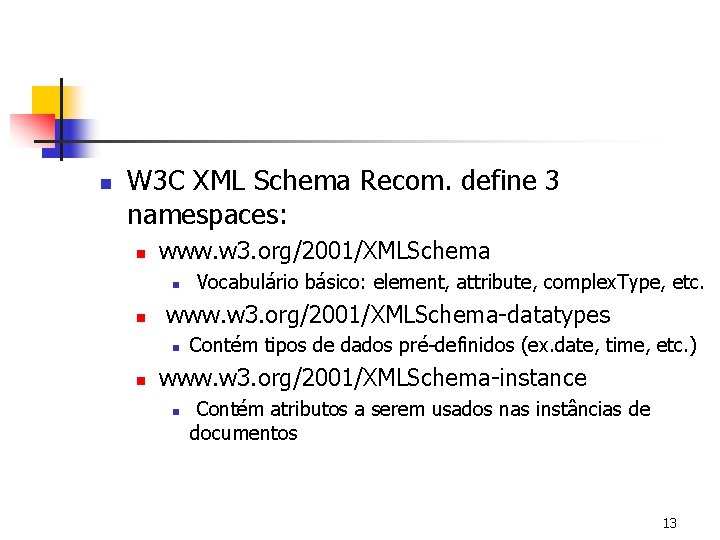 n W 3 C XML Schema Recom. define 3 namespaces: n www. w 3.