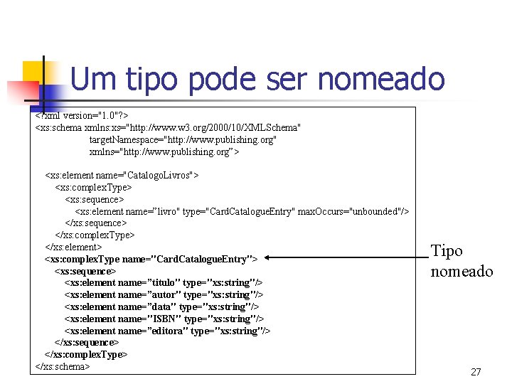 Um tipo pode ser nomeado <? xml version="1. 0"? > <xs: schema xmlns: xs="http: