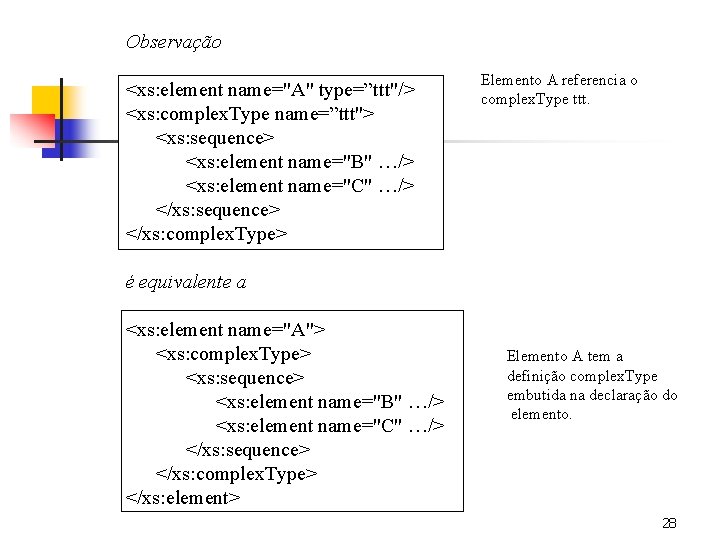 Observação <xs: element name="A" type=”ttt"/> <xs: complex. Type name=”ttt"> <xs: sequence> <xs: element name="B"