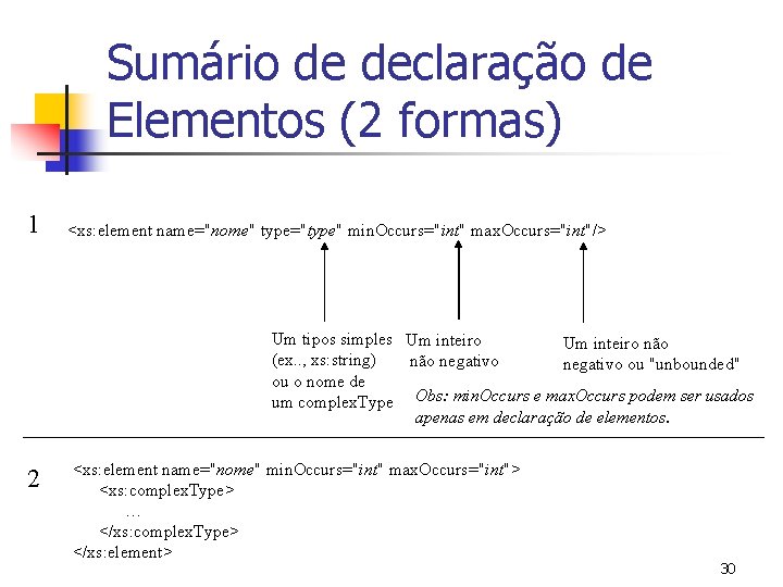 Sumário de declaração de Elementos (2 formas) 1 <xs: element name="nome" type="type" min. Occurs="int"