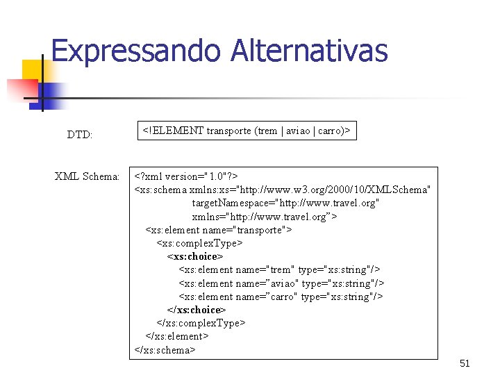 Expressando Alternativas DTD: XML Schema: <!ELEMENT transporte (trem | aviao | carro)> <? xml