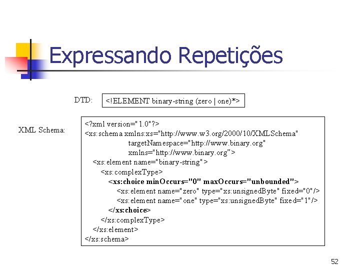 Expressando Repetições DTD: XML Schema: <!ELEMENT binary-string (zero | one)*> <? xml version="1. 0"?