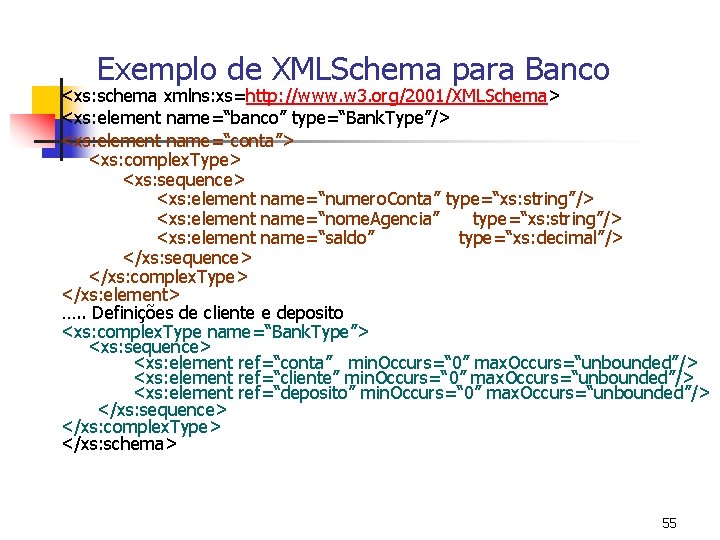 Exemplo de XMLSchema para Banco <xs: schema xmlns: xs=http: //www. w 3. org/2001/XMLSchema> <xs: